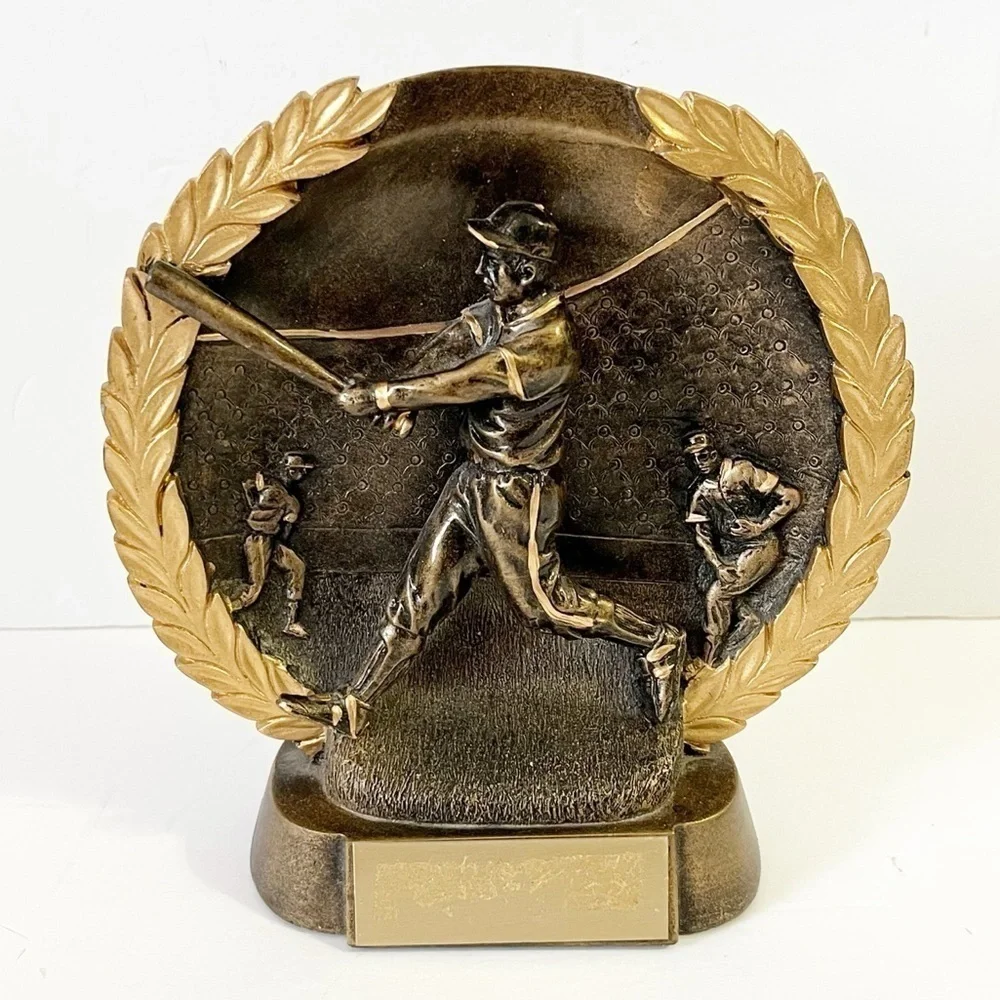 Gold Male Baseball Batter Resin Trophy Awards Plaque Coach Gift 3D Raised Relief